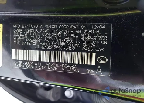 2005 Lexus Es 330 from USA, damaged, VIN JTHBA30G255095402